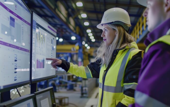 Ingeniera en planta industrial analiza datos en pantallas digitales en Vaca Muerta con equipo de protección.