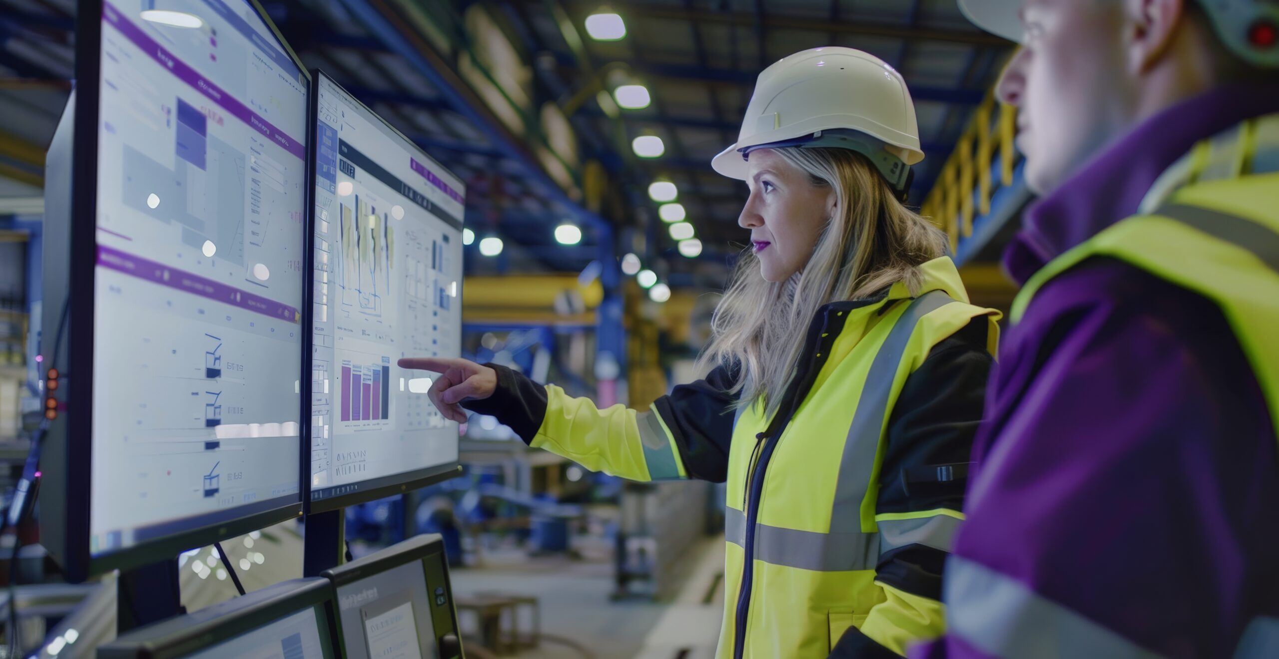 Ingeniera en planta industrial analiza datos en pantallas digitales en Vaca Muerta con equipo de protección.