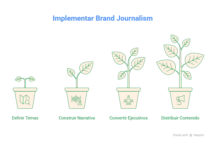Ilustración de cuatro macetas con plantas en crecimiento que representan las etapas del Brand Journalism en B2B: definir temas, construir narrativa, convertir ejecutivos en voceros y distribuir contenido.