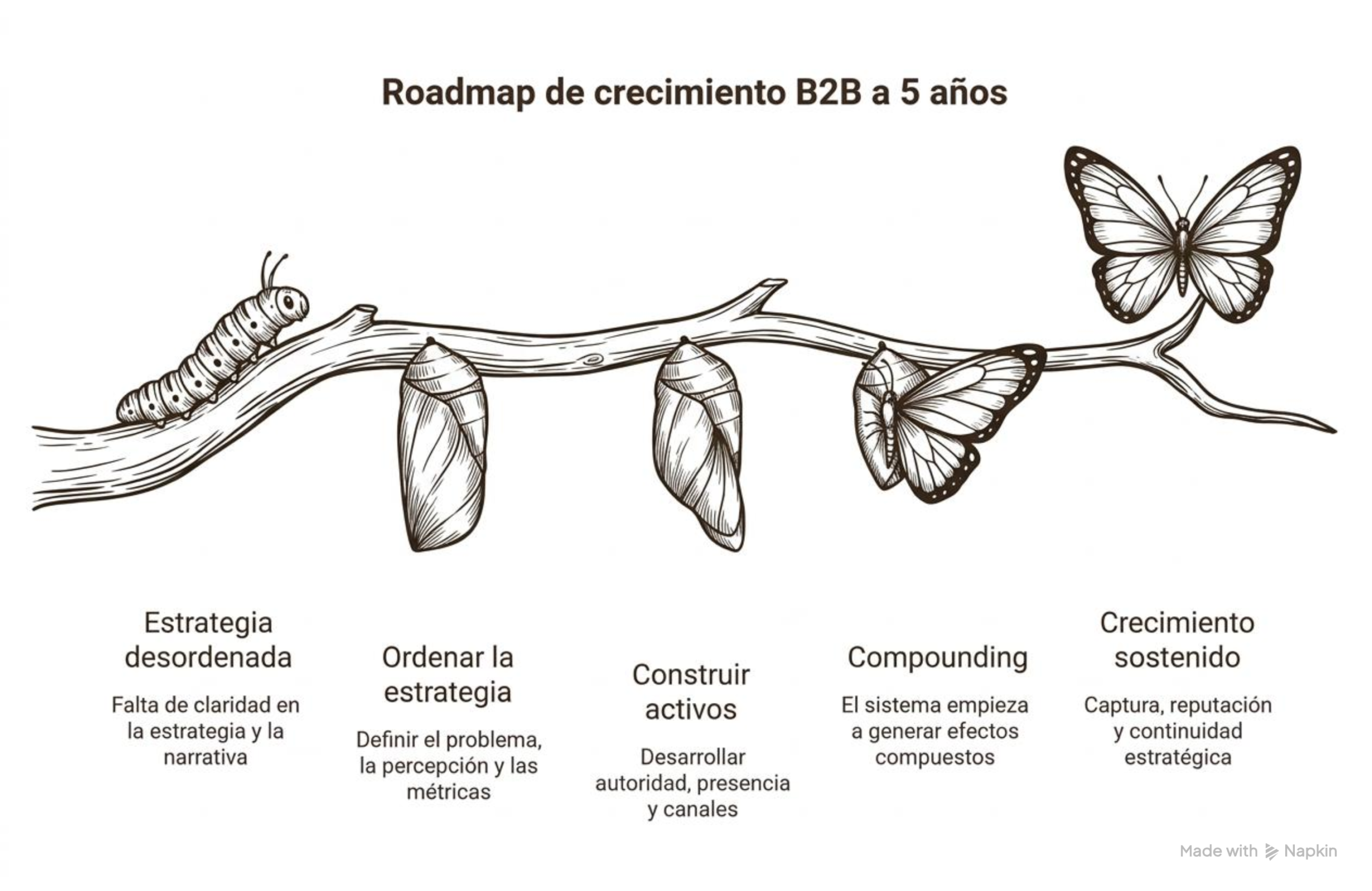 Ilustración del ciclo de crecimiento Lead Generation vs. construcción de reputación en B2B representado como metamorfosis hacia crecimiento sostenido