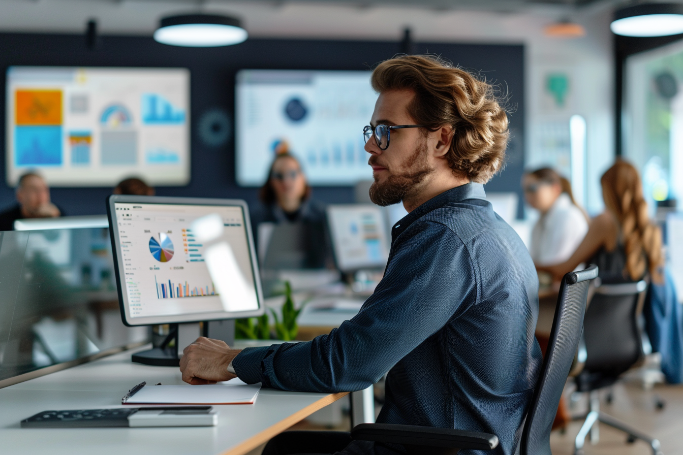 Profesional en oficina moderna analiza contenidos y métricas en pantalla mientras su equipo colabora detrás, representando una estrategia de Digital Advocacy en entornos B2B.