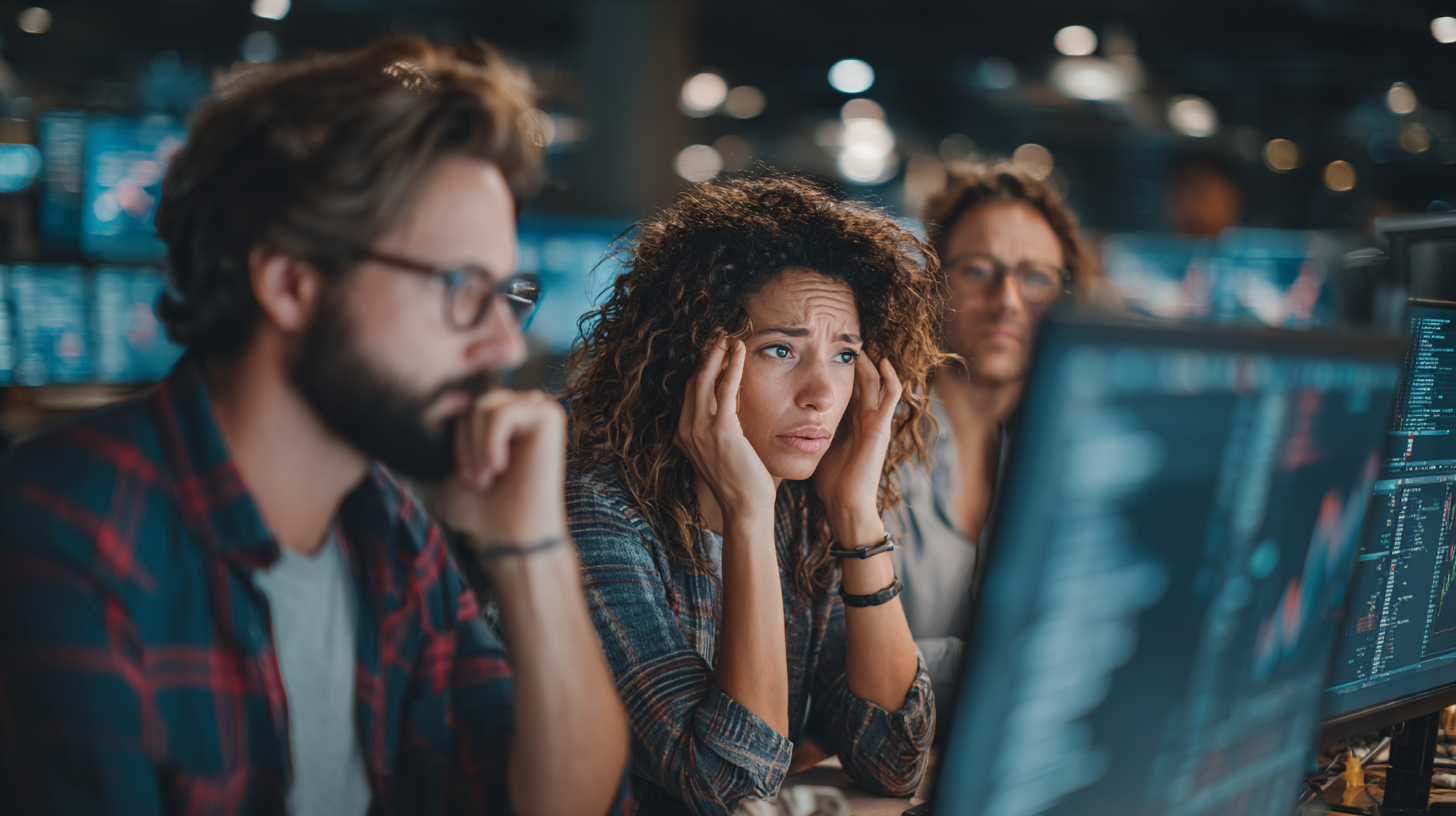 Equipo de trabajo analizando datos en pantallas con preocupación por resultados de Marketing B2B