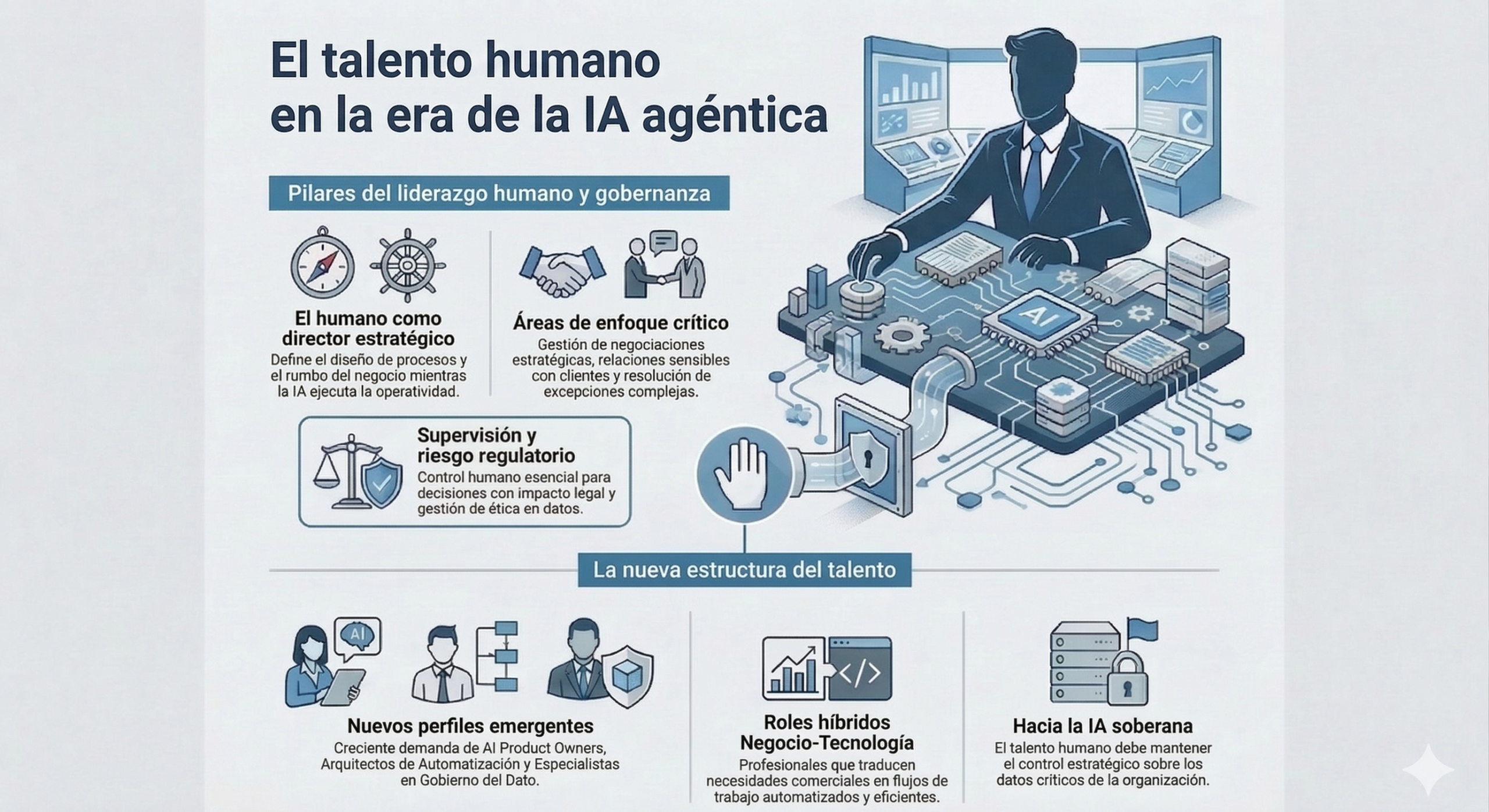 Infografía sobre talento humano, liderazgo y gobernanza en la adopción de agentes de IA, con foco en supervisión, nuevos perfiles y roles híbridos de negocio y tecnología.