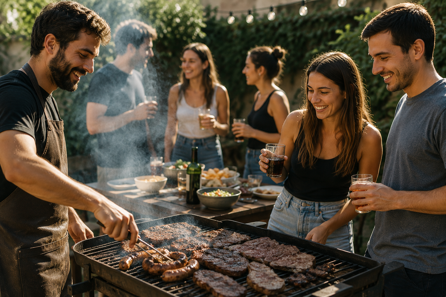 Grupo de amigos comparte un asado en una reunión social al aire libre, una de las comidas más elegidas por los argentinos cuando se juntan con amigos.