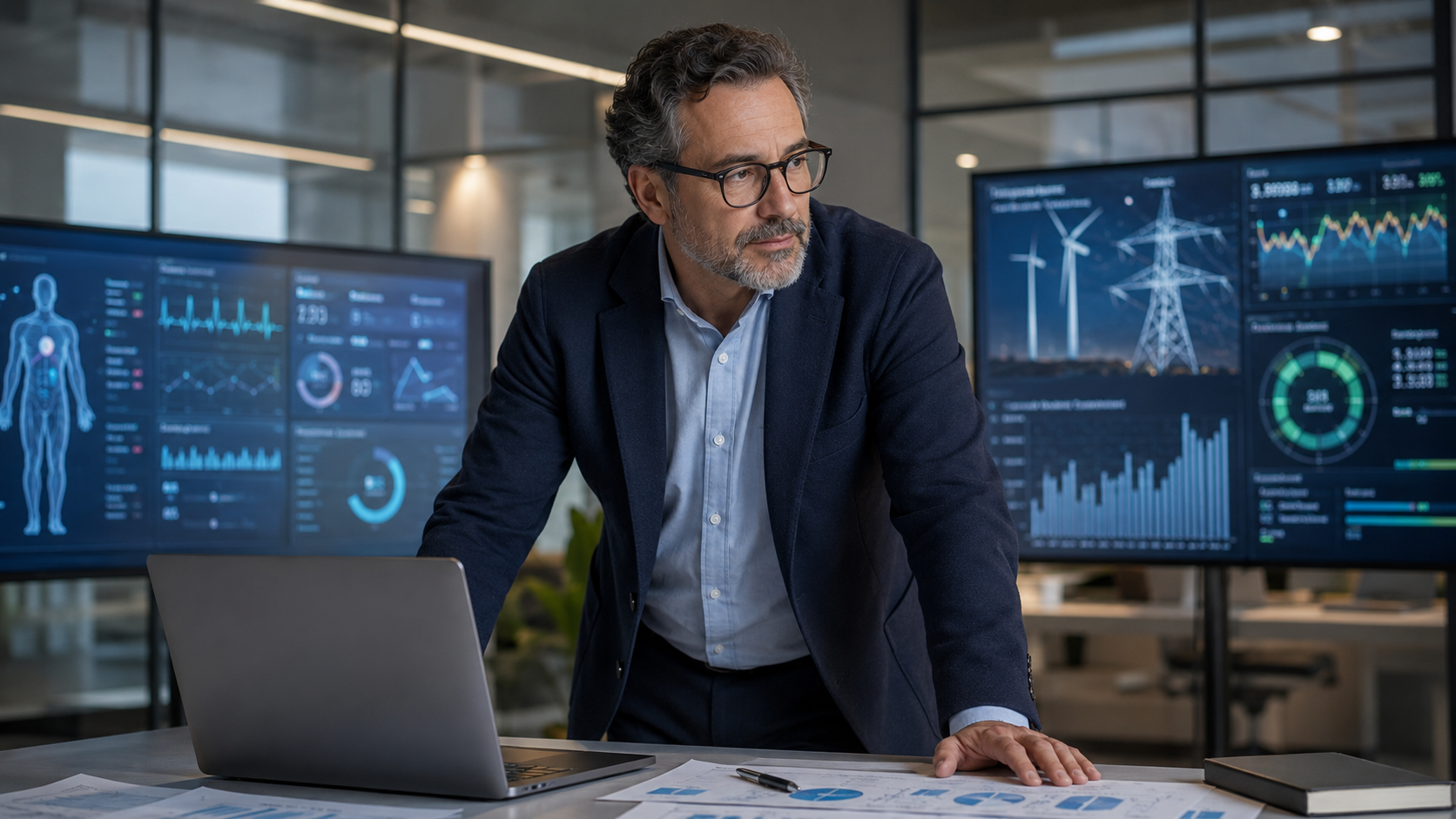 Profesional en una oficina moderna analiza datos en pantallas digitales, representando el marketing B2B orientado a demanda, reputación y toma de decisiones.