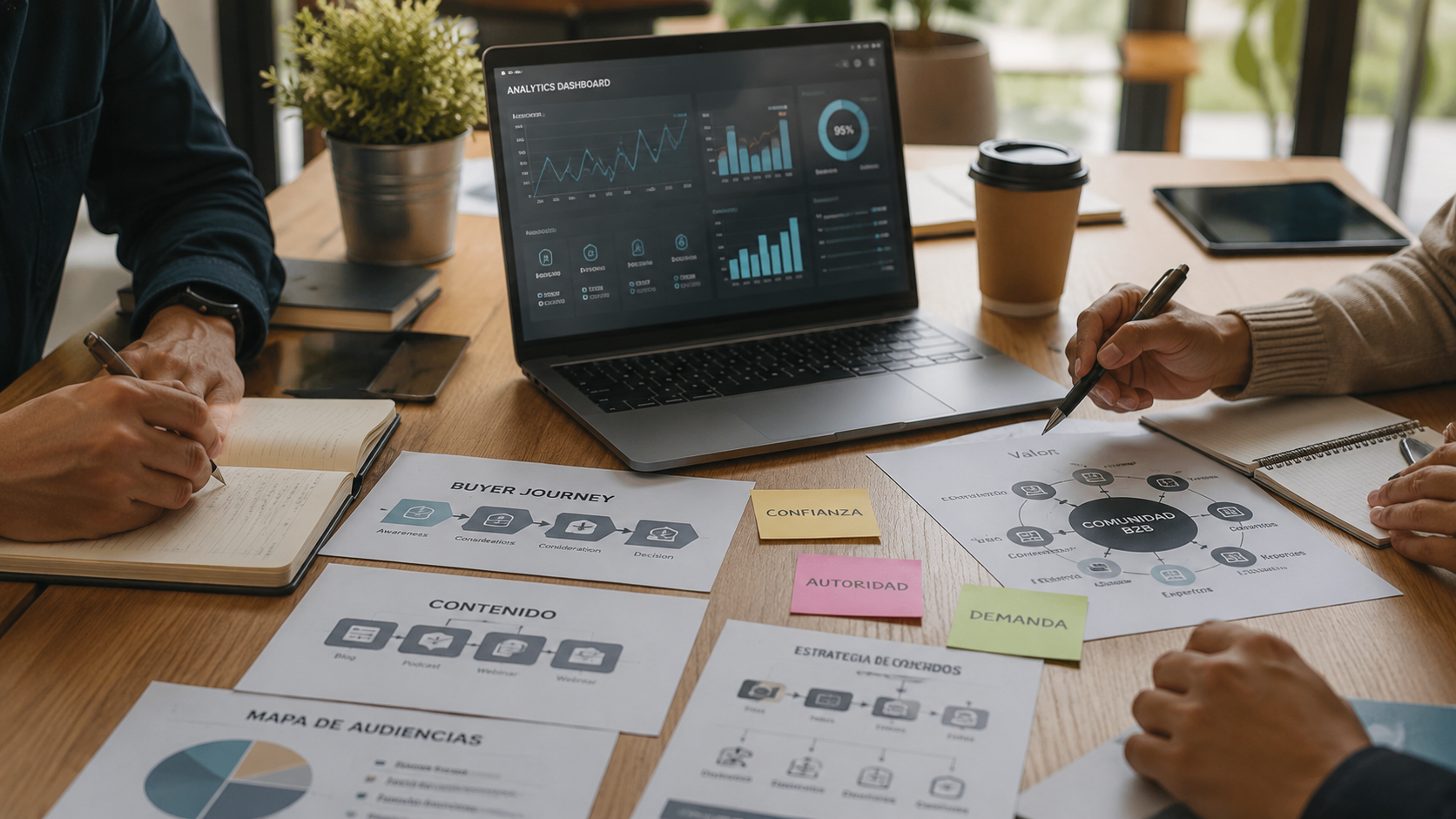 Mesa de trabajo con laptop, gráficos, documentos y notas adhesivas sobre comunidad B2B, contenido, confianza y demanda en una estrategia de marketing B2B.