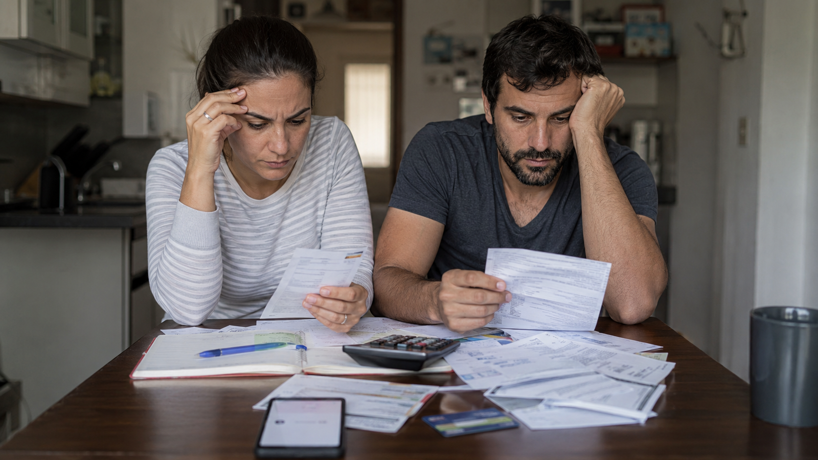 Pareja revisa facturas, resúmenes de tarjeta y papeles de crédito en una mesa del hogar, en una escena que refleja la gestión de la mora y el endeudamiento familiar en Argentina.