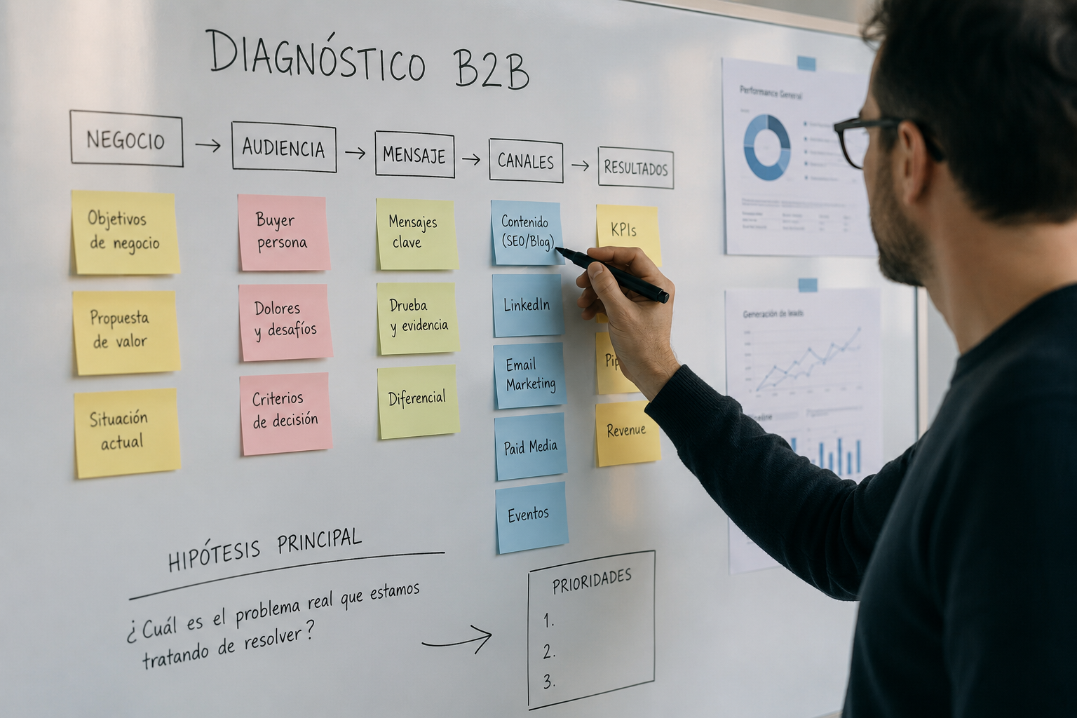 Profesional organiza un diagnóstico B2B en una pizarra con notas sobre negocio, audiencia, mensaje, canales y resultados antes de definir campañas de marketing.