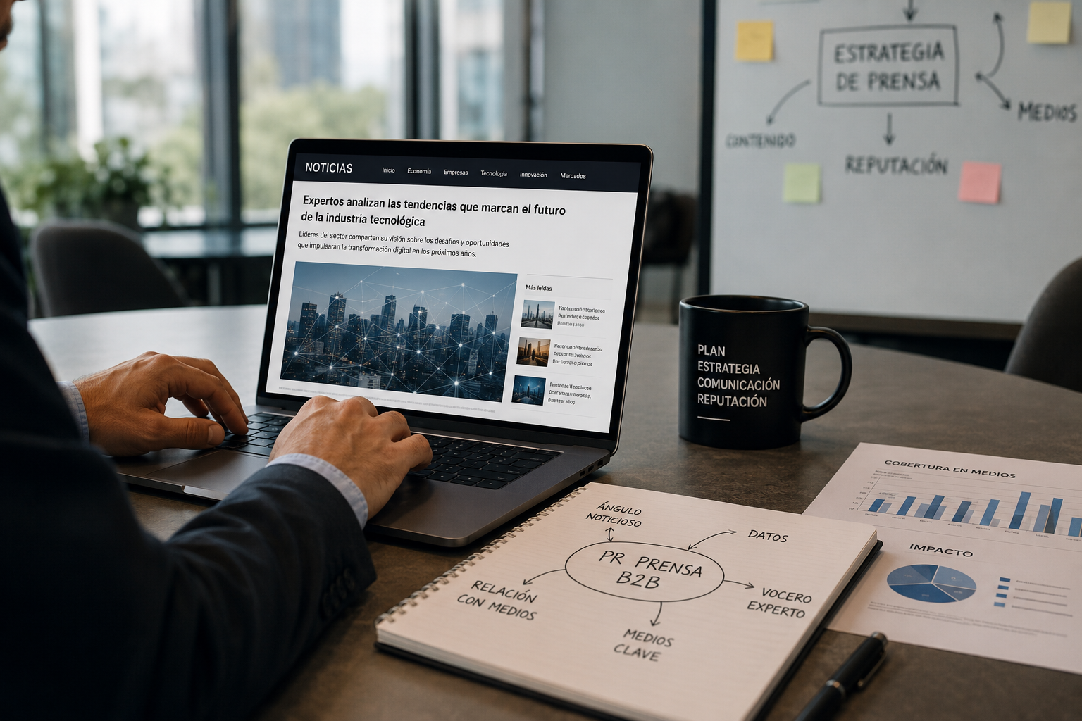 Profesional trabaja en una estrategia de prensa B2B con una notebook abierta en un sitio de noticias, documentos de cobertura en medios, gráficos de impacto y un esquema de comunicación corporativa sobre la mesa.