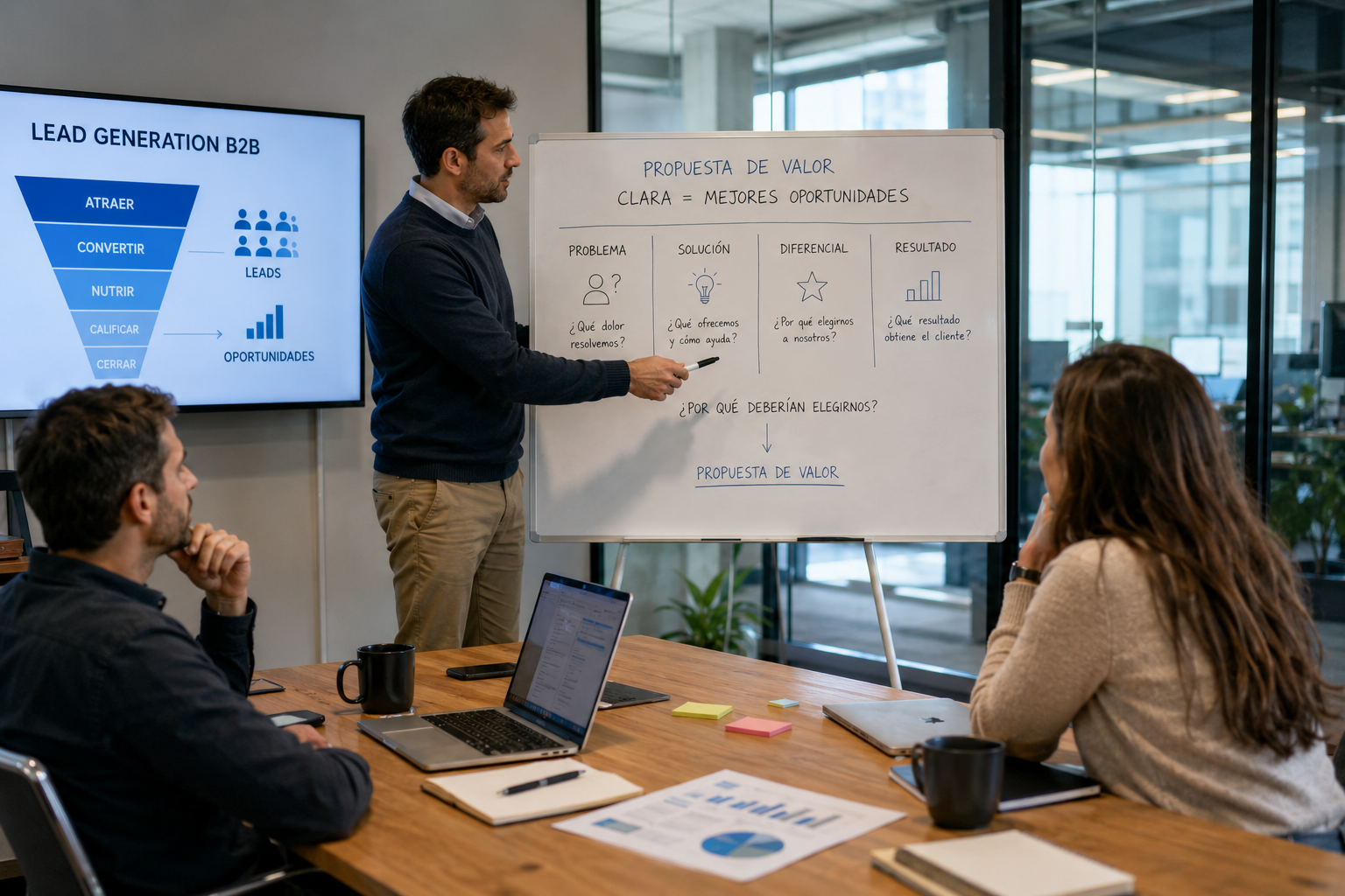 Equipo de marketing B2B analiza una estrategia de lead generation B2B y propuesta de valor en una sala de reuniones.