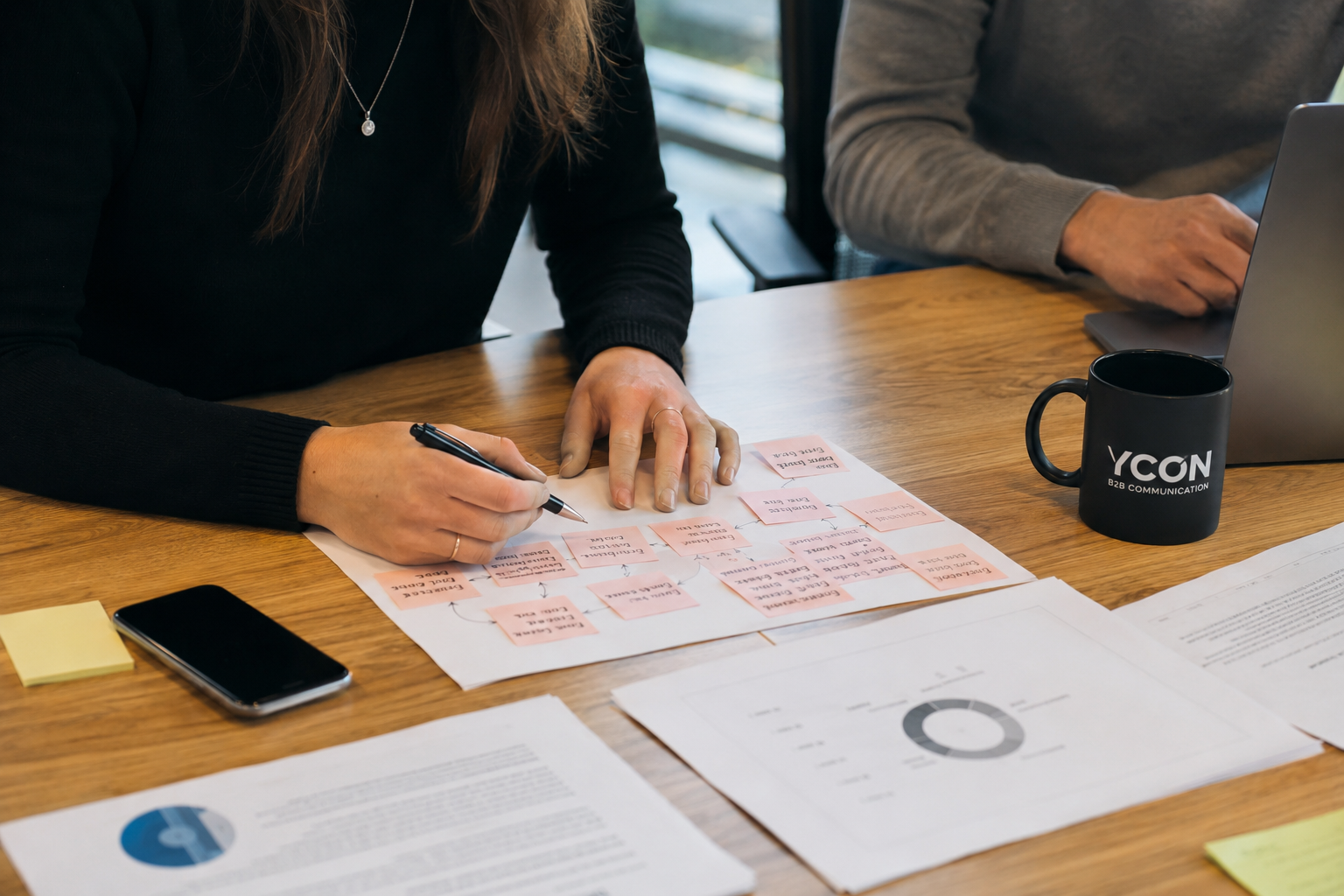 Equipo en una reunión de marketing B2B sin diagnóstico analiza documentos, métricas y un mapa de trabajo junto a una laptop en una mesa de oficina.