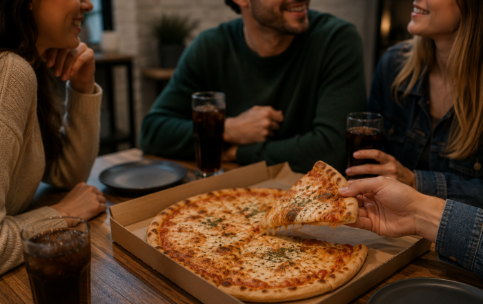 Grupo de amigos comparte pizza en una reunión en casa, una de las comidas más elegidas por los argentinos cuando se juntan.