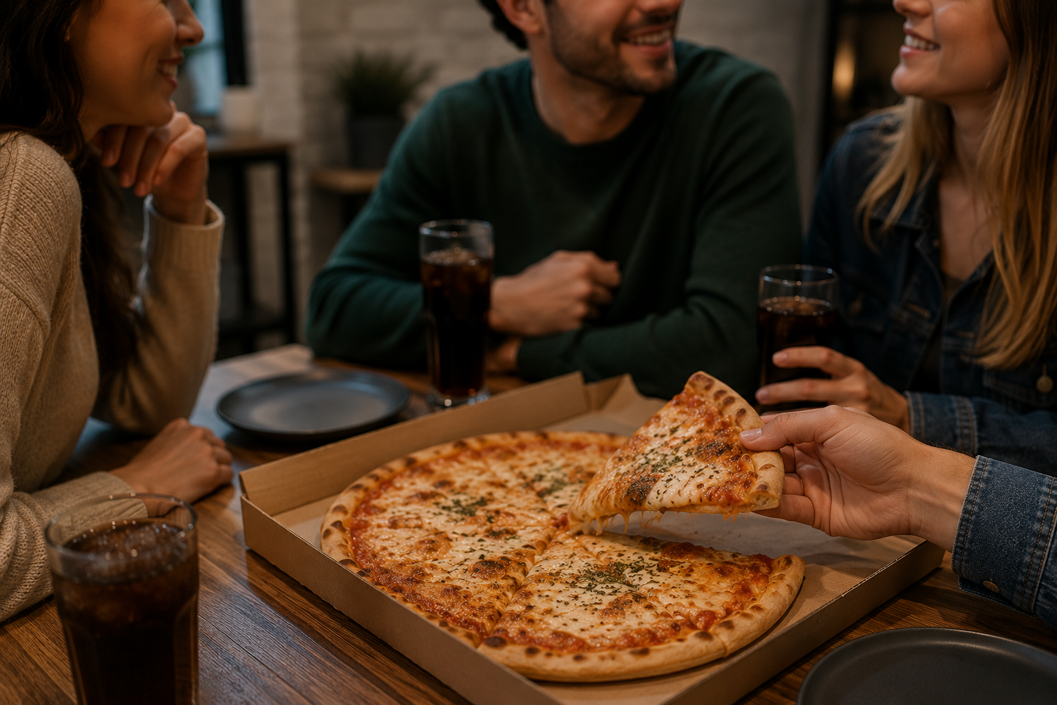Grupo de amigos comparte pizza en una reunión en casa, una de las comidas más elegidas por los argentinos cuando se juntan.