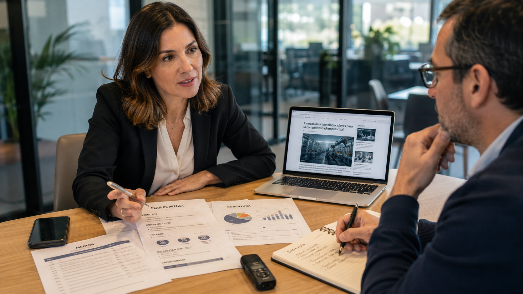 Dos profesionales revisan un plan de prensa B2B en una oficina, con notebook abierta, reportes de cobertura, gráficos y documentos de estrategia para aparecer en medios sin pagar.