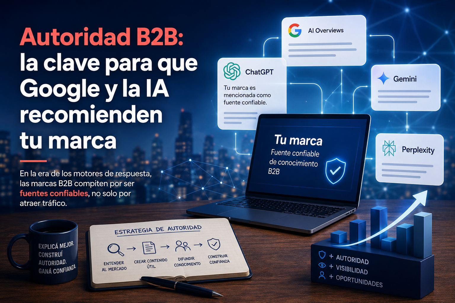 Ilustración sobre autoridad de marca en IA con una laptop, motores de respuesta como Google, ChatGPT, Gemini y Perplexity, y elementos visuales que representan confianza, visibilidad y crecimiento B2B.