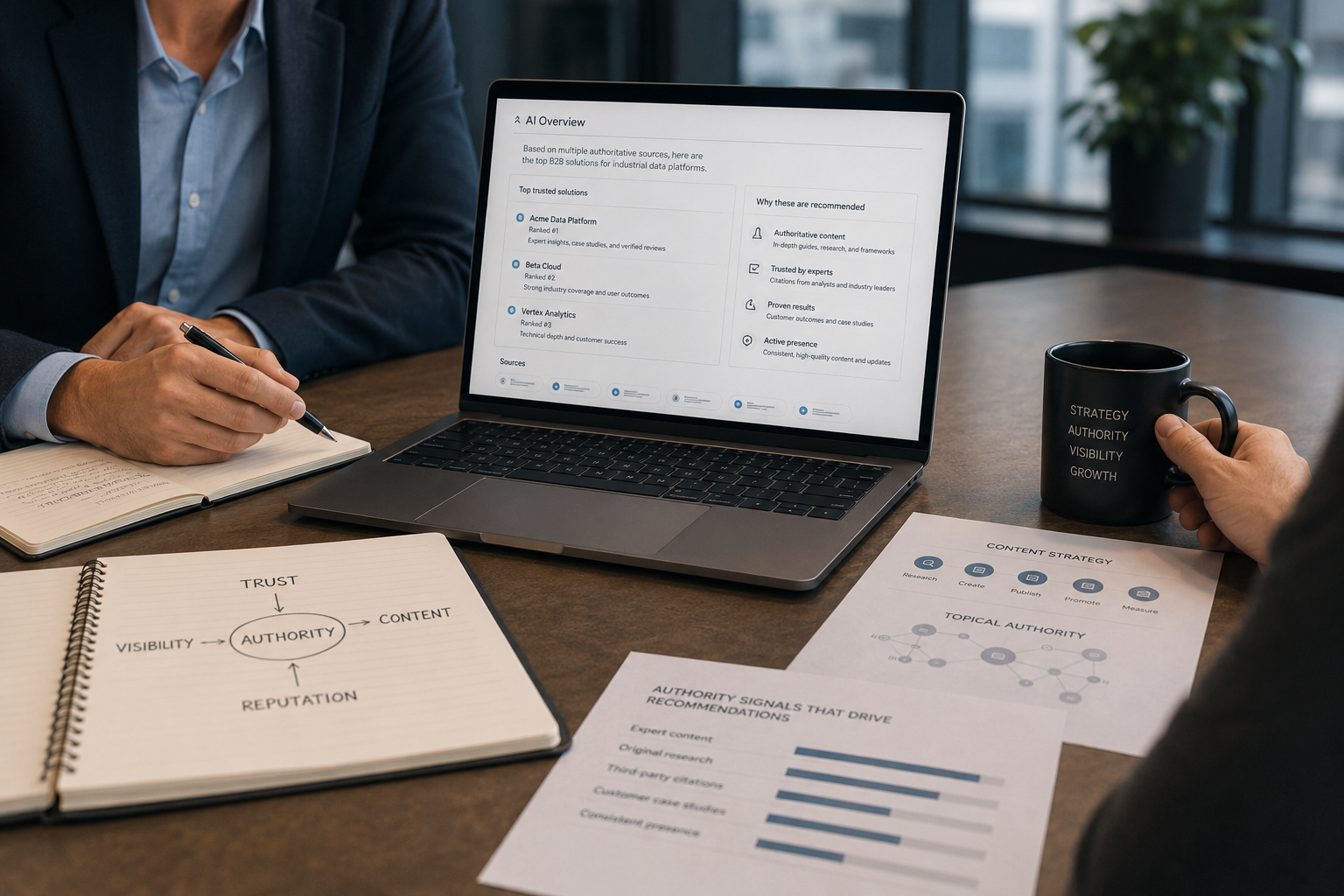 Profesionales analizan una estrategia de autoridad de marca B2B en una oficina, con una laptop que muestra un AI Overview y documentos sobre contenido, visibilidad, confianza y reputación.