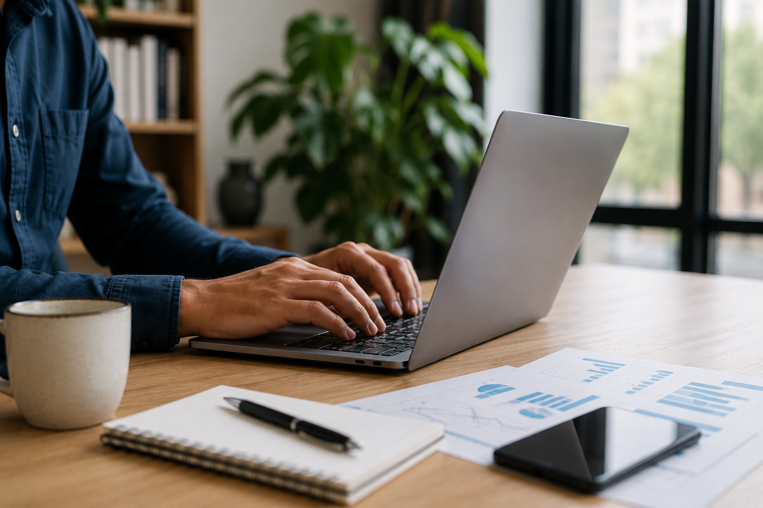 Profesional trabajando en una laptop junto a informes impresos durante la planificación de una estrategia de medios propios B2B.
