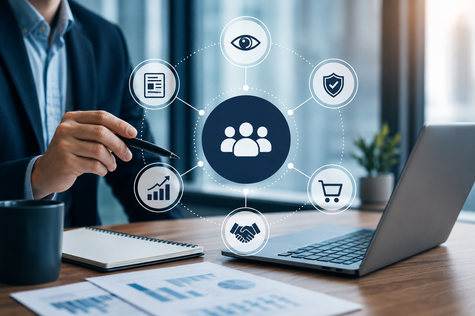 Profesional analizando una estrategia de marketing de empresas B2B con íconos de visibilidad, confianza, crecimiento y conversión.