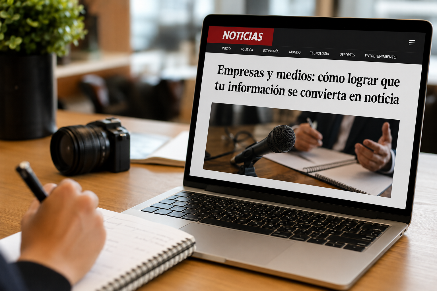 Profesional tomando notas frente a una laptop con una noticia sobre cómo convertir información corporativa en noticia, junto a una cámara en un entorno de trabajo.