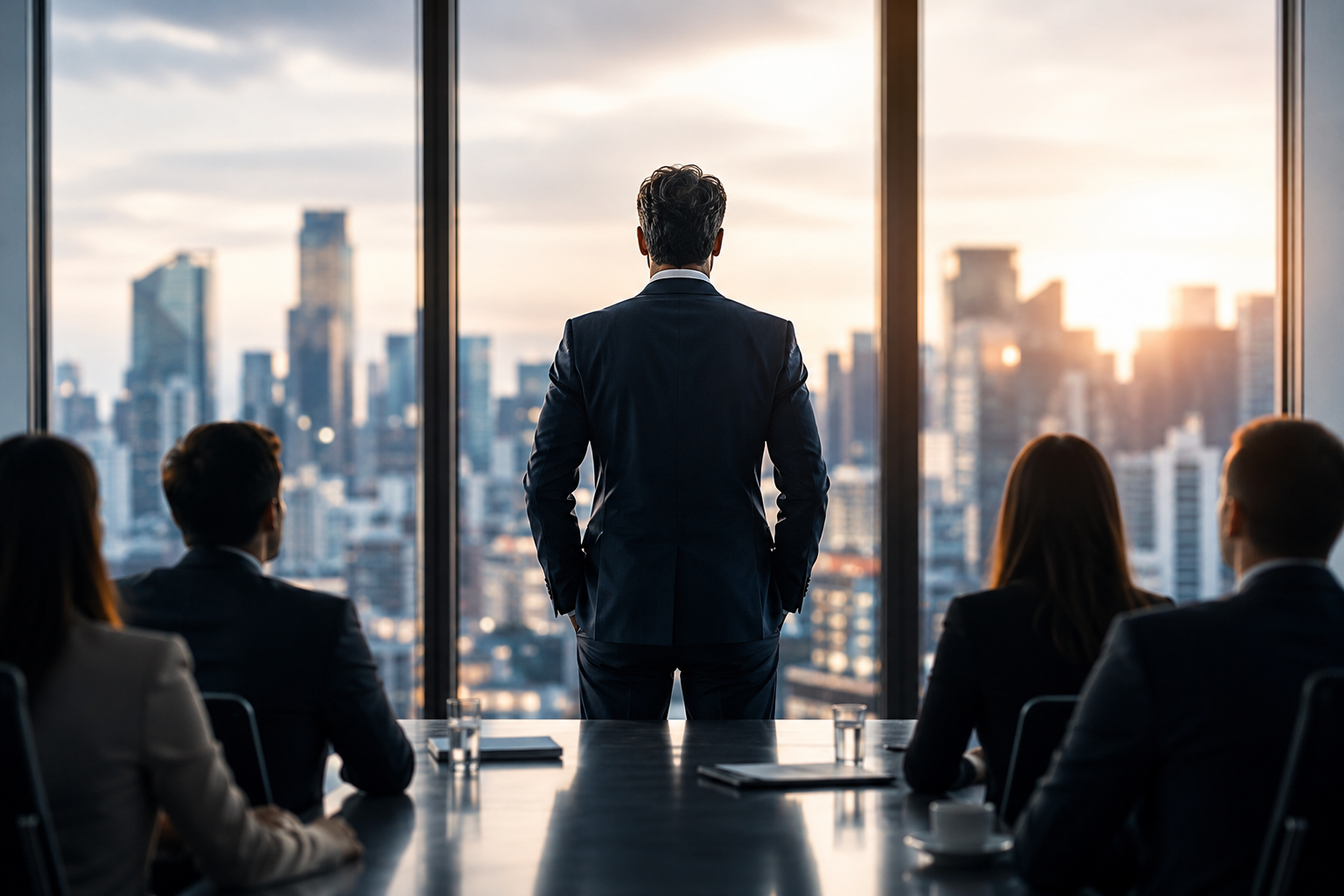 Ejecutivo frente a una cámara y una laptop en una oficina moderna, durante la creación de contenido para una estrategia de marca personal para CEOs B2B.