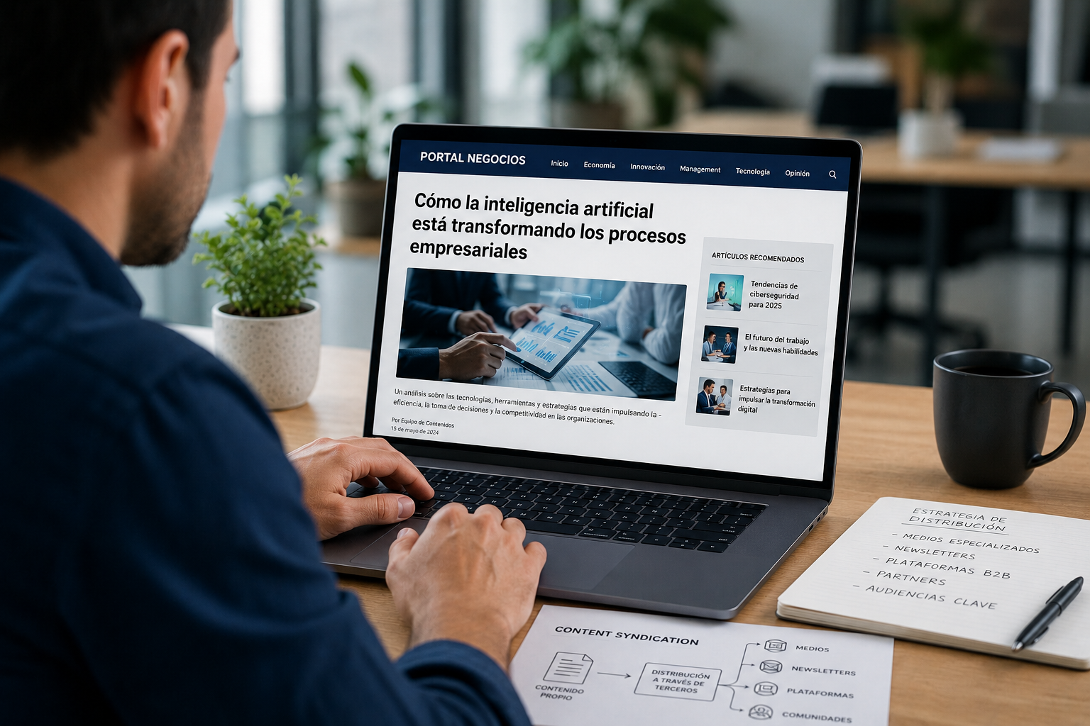 Profesional revisa en una laptop un contenido publicado en un medio digital como parte de una estrategia de content syndication B2B hacia nuevas audiencias y canales.