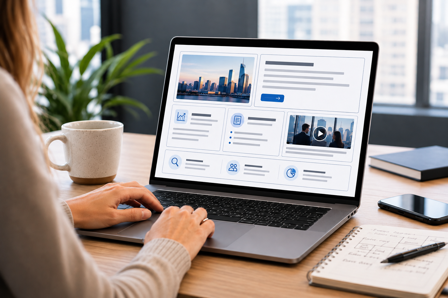 Profesional trabajando en una laptop con una web creada con IA, organizada en recuadros visibles, para analizar su estructura, accesibilidad y rendimiento SEO.
