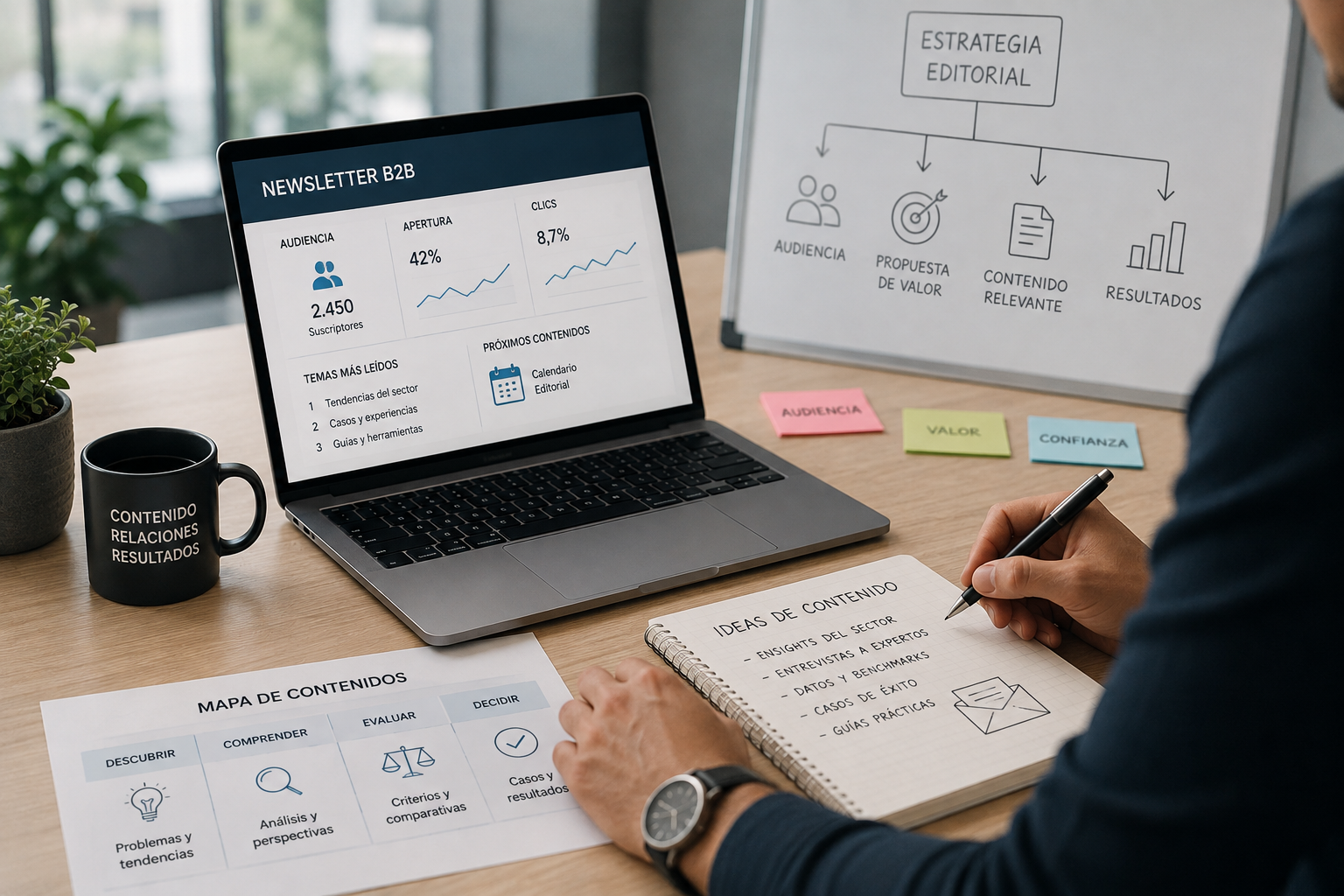 Profesional trabajando en una estrategia de newsletters B2B desde una laptop, con panel de métricas, calendario editorial y plan de contenidos en una oficina.