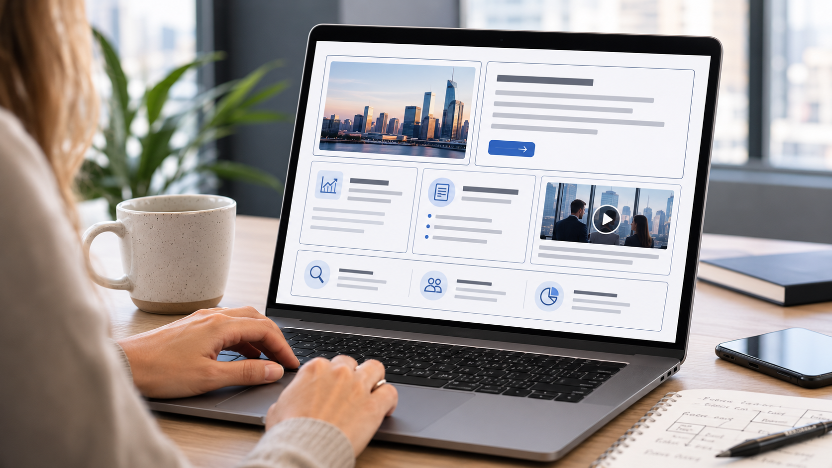 Profesional trabajando en una laptop con una web creada con IA, organizada en recuadros visibles, para analizar su estructura, accesibilidad y rendimiento SEO.