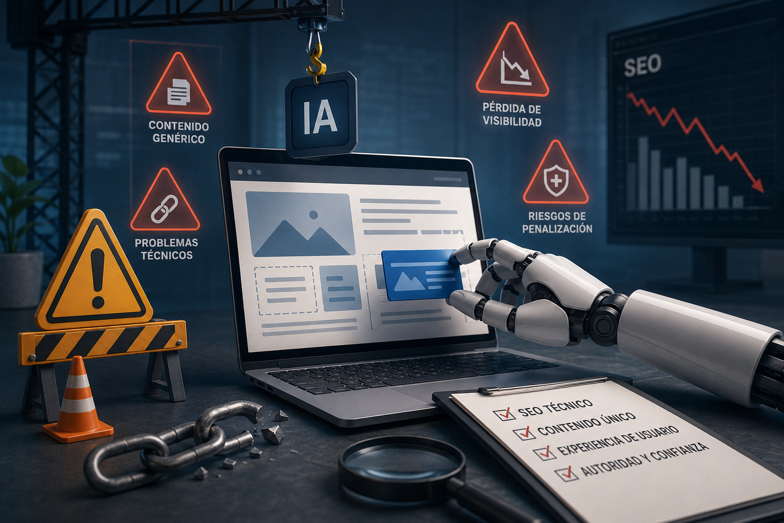 Mano robótica creando una web con IA en una laptop, rodeada de alertas sobre contenido genérico, problemas técnicos, pérdida de visibilidad y riesgos para el SEO.