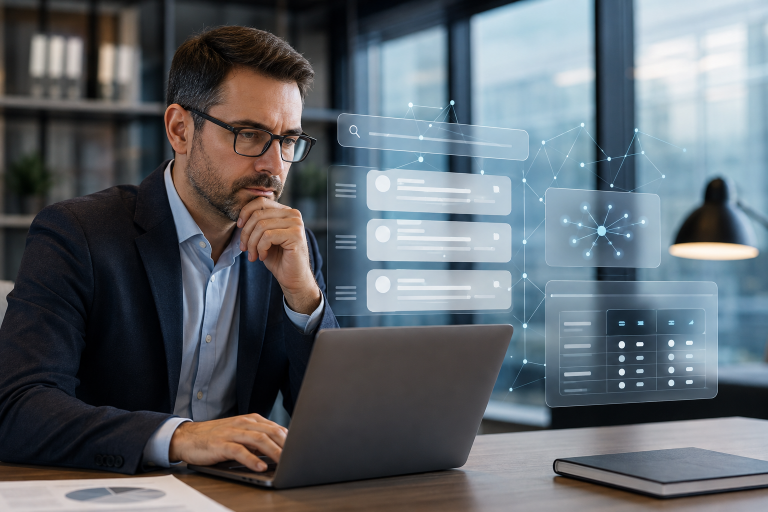 Ejecutivo B2B analiza proveedores en una computadora mientras una interfaz de inteligencia artificial muestra opciones de búsqueda y comparación, en una escena que representa cómo aparecer como proveedor en respuestas de IA.