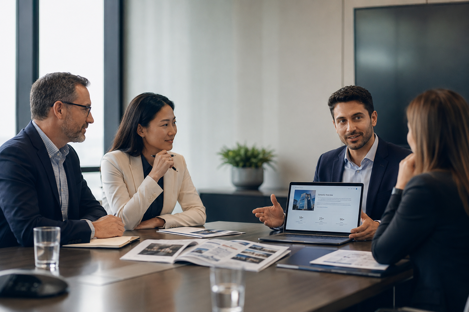 Equipo ejecutivo en una reunión comercial B2B, donde la reputación B2B y la confianza previa influyen en la evaluación de un proveedor.