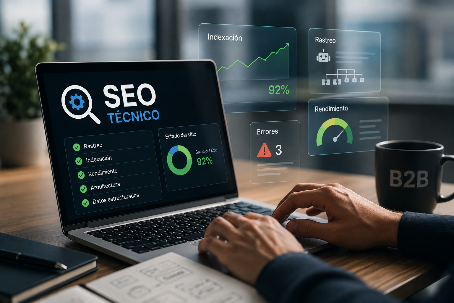 Profesional analiza un panel de SEO técnico B2B con métricas de rastreo, indexación, arquitectura, rendimiento y redirecciones.