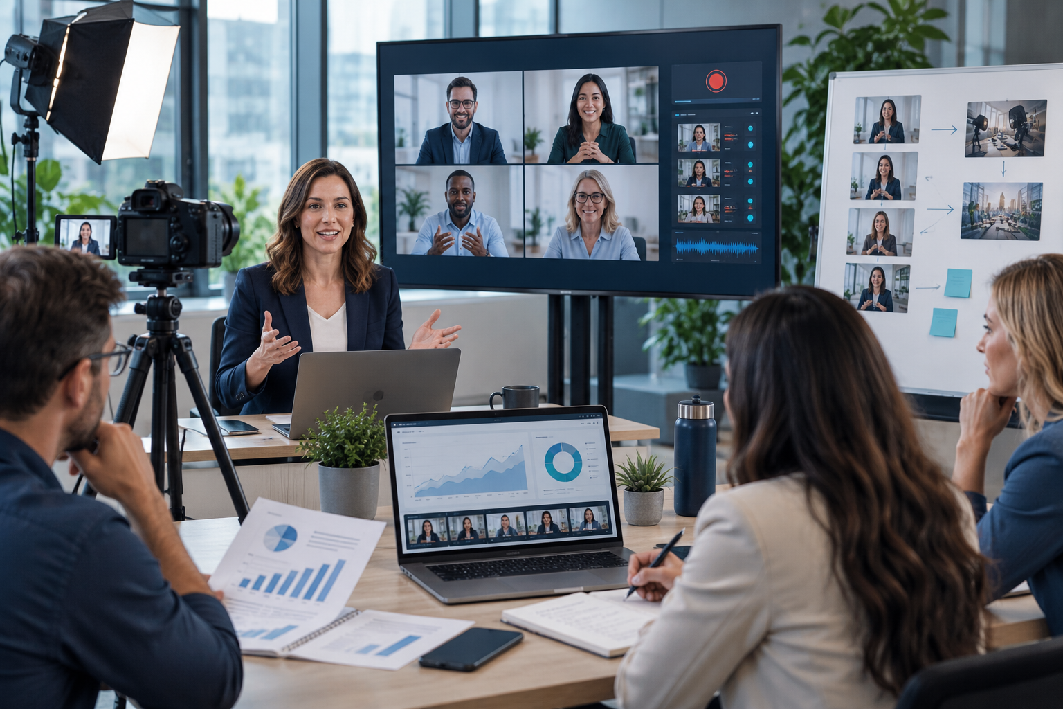 Equipo profesional produciendo un webinar B2B en una oficina, con cámara, participantes en videollamada y análisis de métricas y contenidos derivados.
