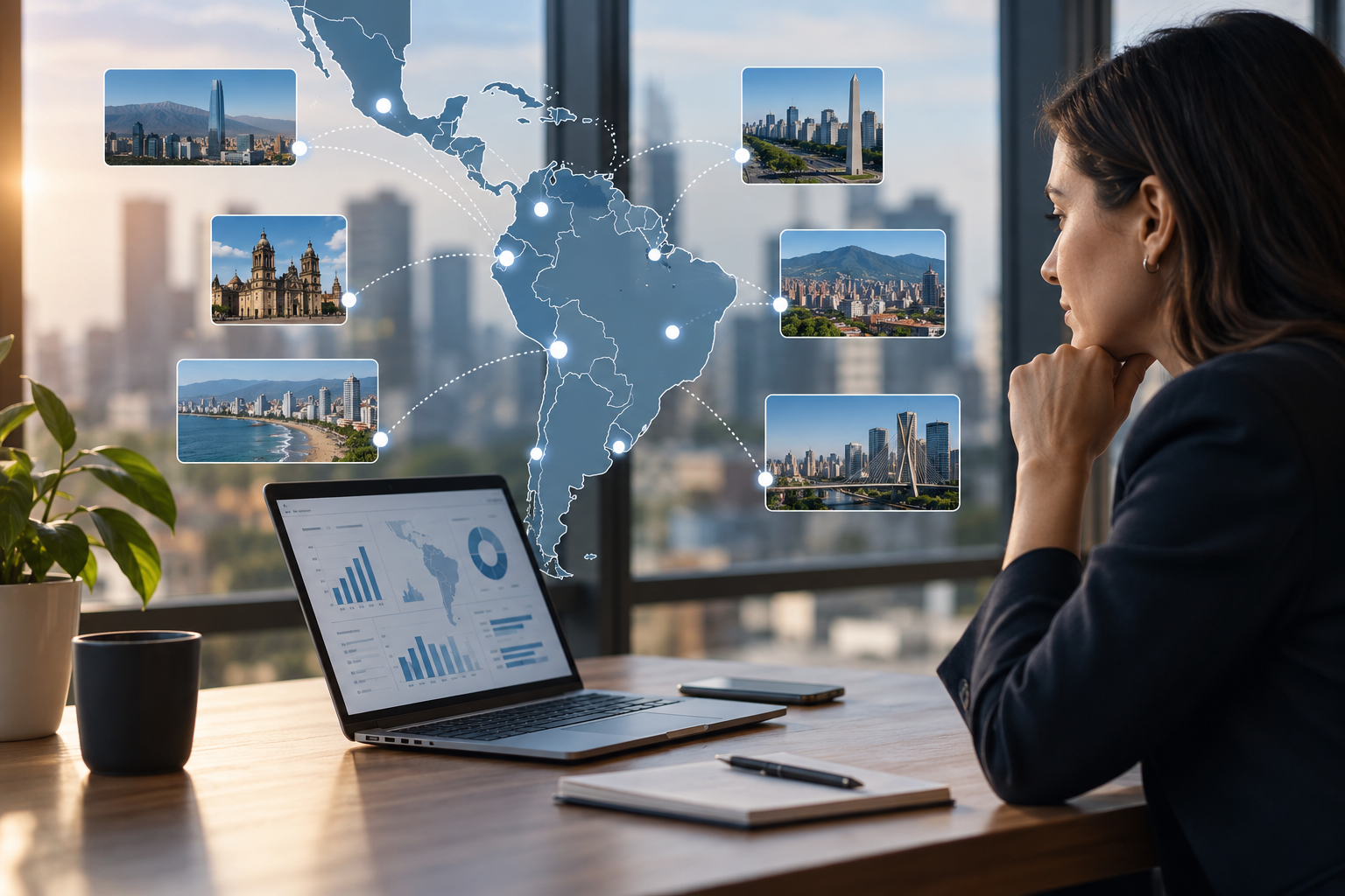 Profesional analiza una estrategia de posicionamiento de marca en LATAM desde una computadora, con un mapa de América Latina y conexiones entre mercados regionales.