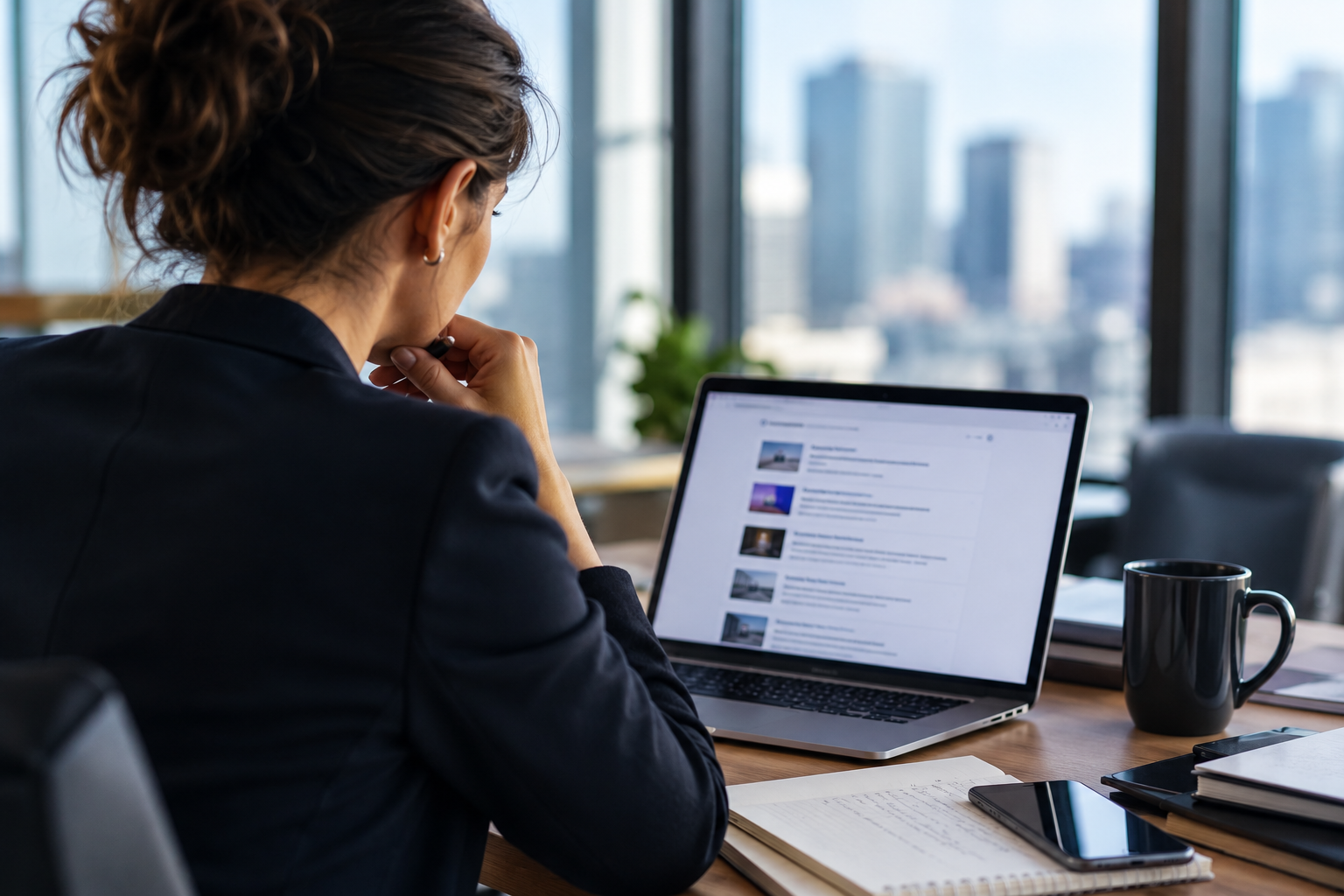 Profesional de marketing B2B analiza en su computadora una lista de resultados digitales para evaluar la visibilidad de su empresa frente a otros proveedores en ChatGPT.